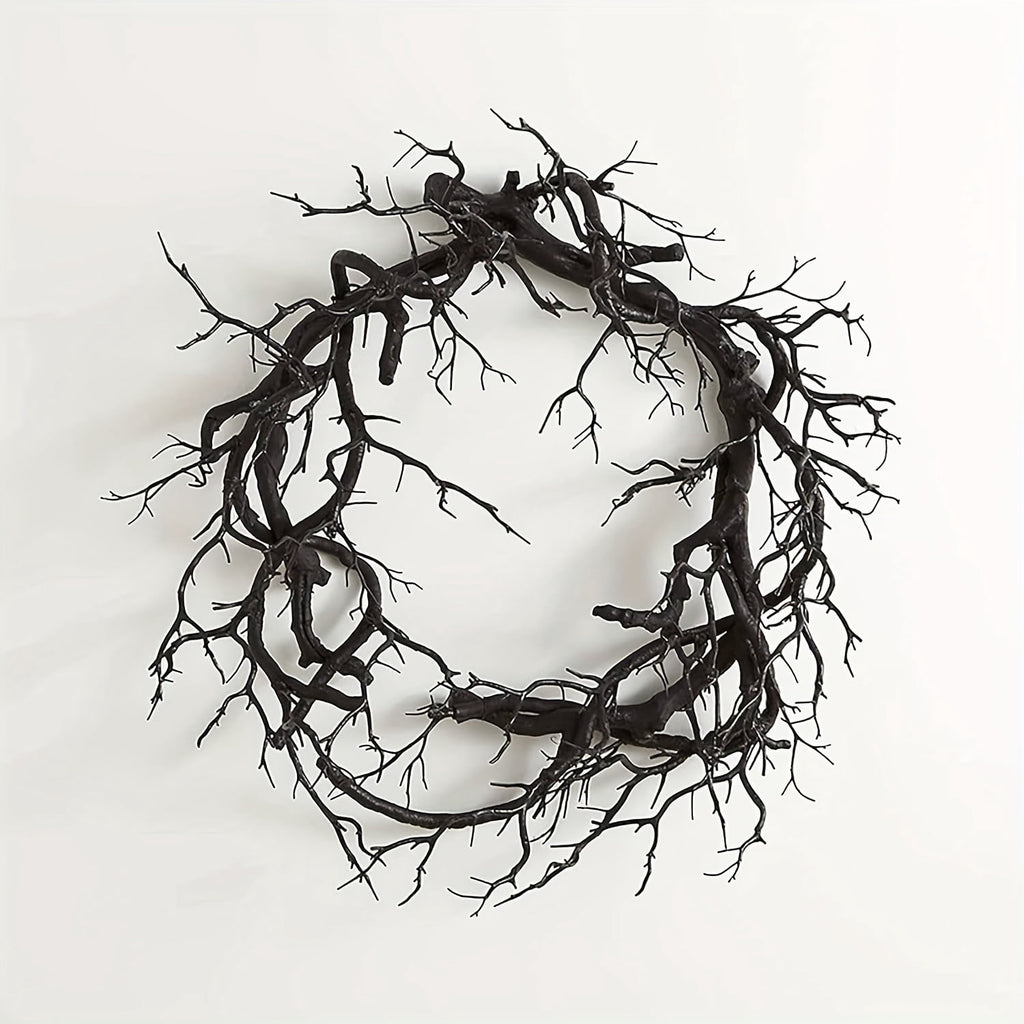 1pc Art Deco Style Halloween Wreath, 16.92-Inch Pre-Lit Black with Glittering Accents, Dead Branches, Festive Fall Home Window Wall Decor for Halloween