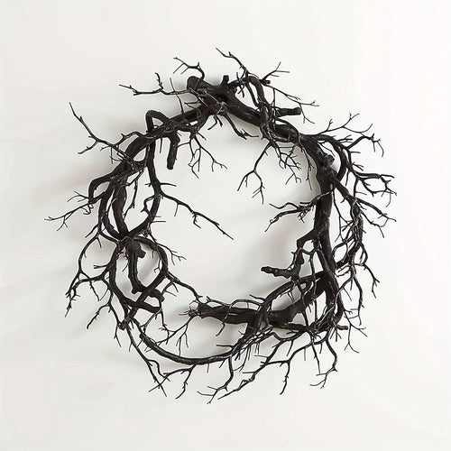 1pc Art Deco Style Halloween Wreath, 16.92-Inch Pre-Lit Black with Glittering Accents, Dead Branches, Festive Fall Home Window Wall Decor for Halloween