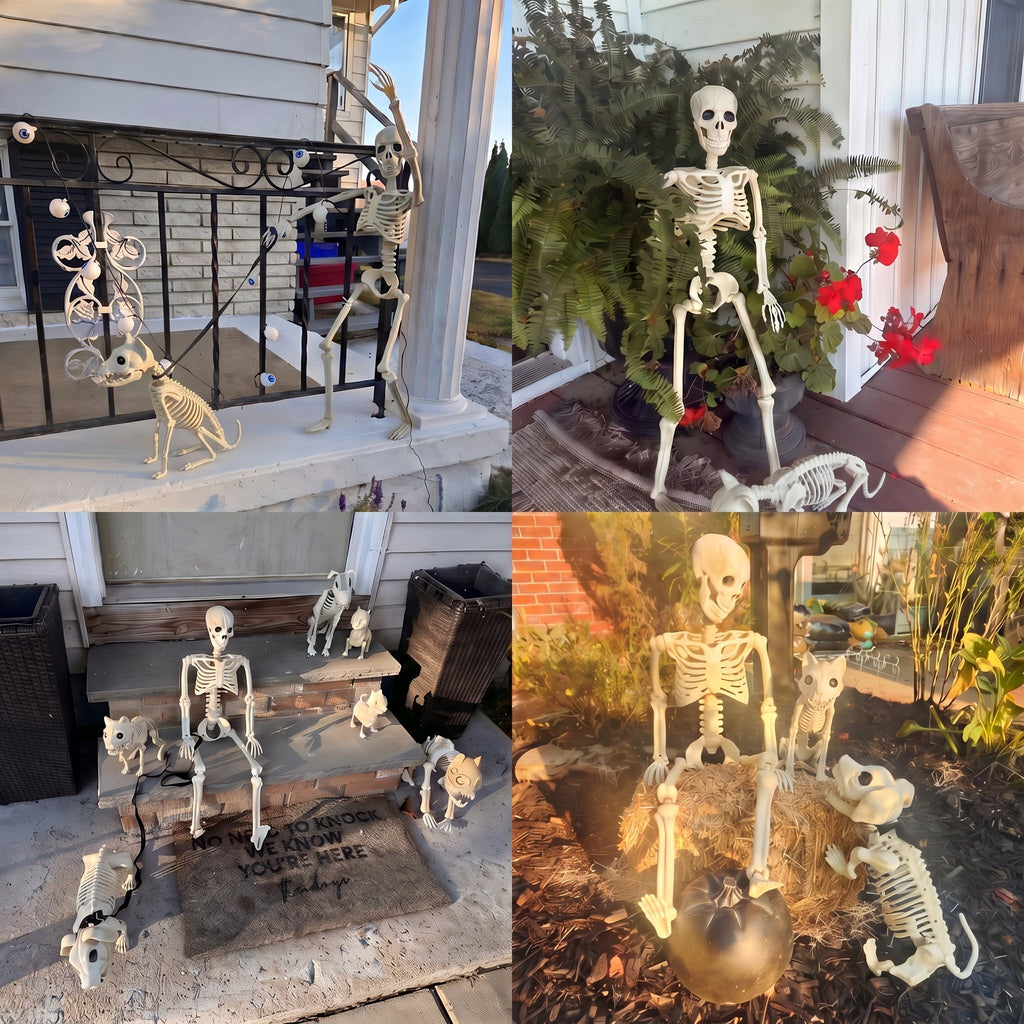 TETOU 2Pcs Halloween Human Cat Skeletons,35.4 Inch Realistic Full Body Movable Posable Skeleton for Halloween Garden Yard Porch Party Haunted Graveyard Indoor Outdoor Decororation