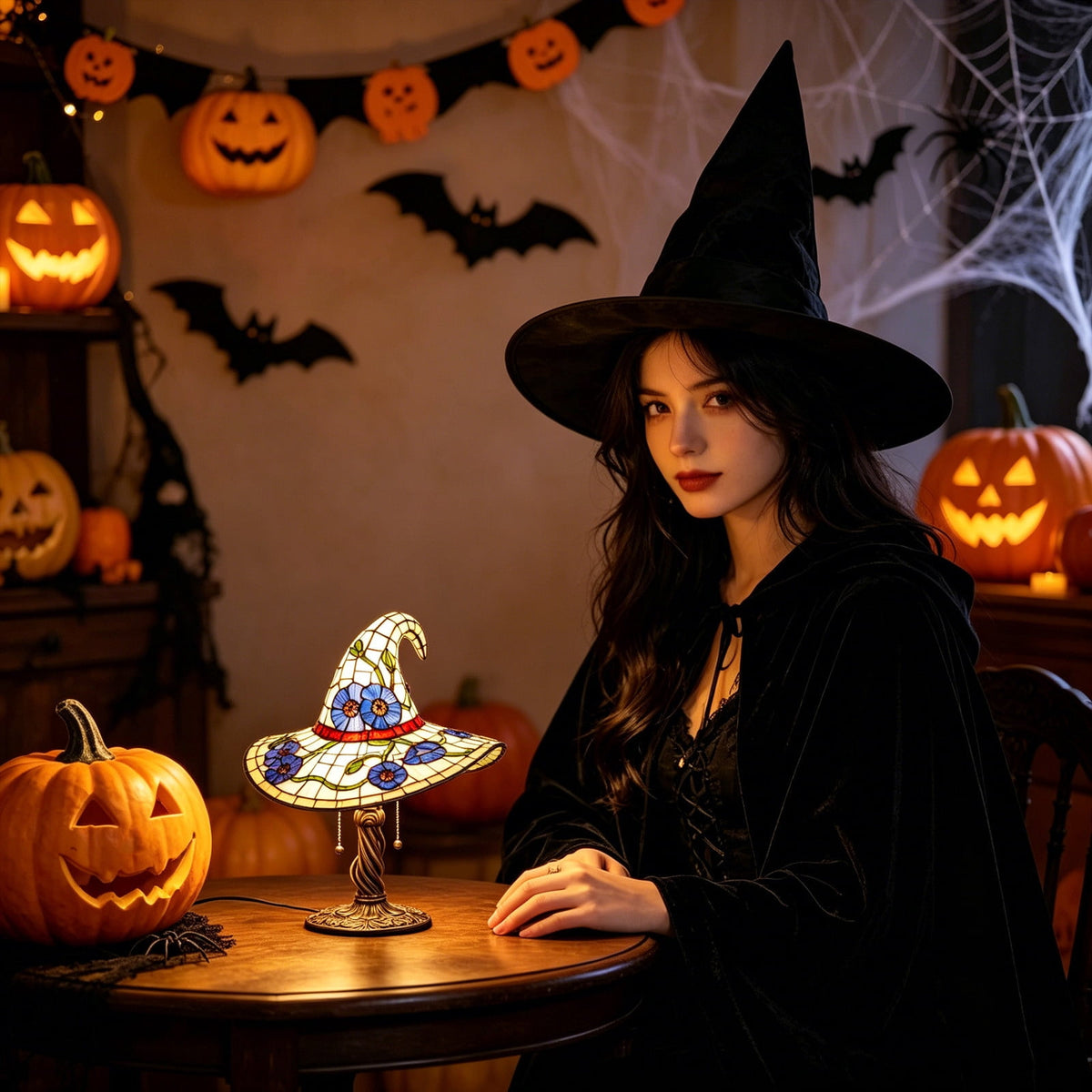 Stained Glass Witch hat lamp, 7" Halloween Gothic Mystic Room Decor Handcrafted Ceramic Phantom Figurine, USB Rechargeable LED Glowing Lantern for Bedroom Living Room Mantel Home Decor