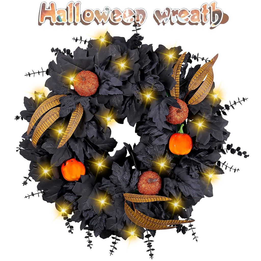 Halloween Wreath for Front Door, 20 Inch Black Maple Leaf Wreaths with Light, Pumpkin, Halloween Atmosphere Haunted House Decor, for Indoor,Outdoor,Wall Window,Porch,Farmhouse,Home,Party Decoration