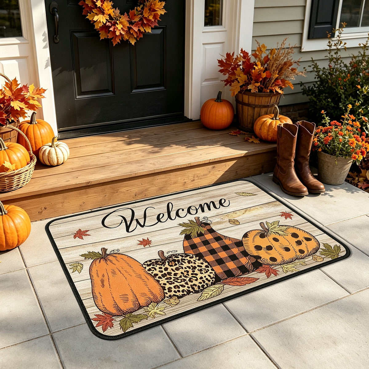 Yhmxh Fall Pumpkin Decorative Door Mat, Autumn Harvest Welcome Entryway Rug, Non‑Slip Absorbent Front Doormat, Seasonal Floor Mat for Indoor Outdoor Halloween Home Decoration 15.7x23.6 Inch