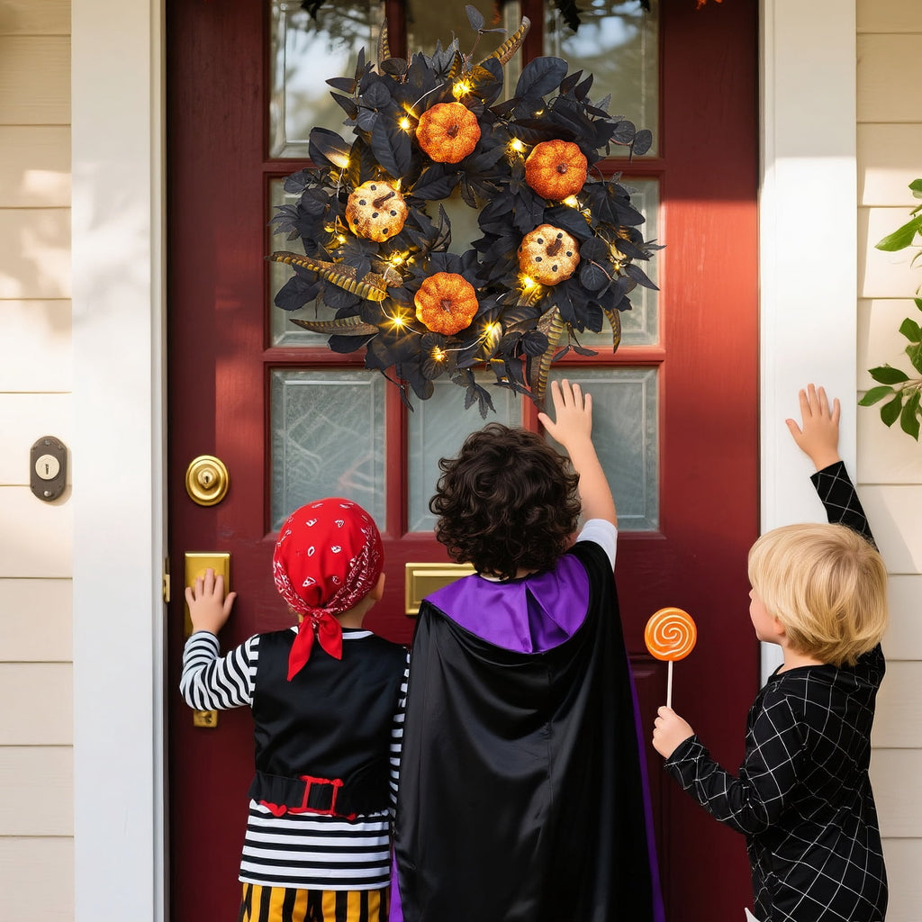 Festisoul Halloween Pumpkin Wreath for Front Door, 18'' Fall Wreath, Rattan Bottom Halloween Indoor Outdoor Decorations for Home, Party, Fireplace