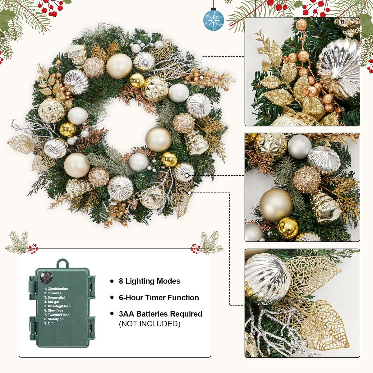 JoanKaren 24 inch Large Christmas Wreath Silver White with 20 LED Lights,Prelit Xmas Wreath w/ Ball Ornaments Pine Cone
