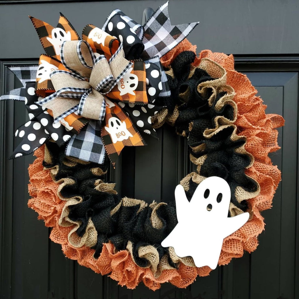 Halloween Halloween Wreath Buffalo Plaid Bow Ribbon Ghost Artificial Wreath, Festival Garland Decoration