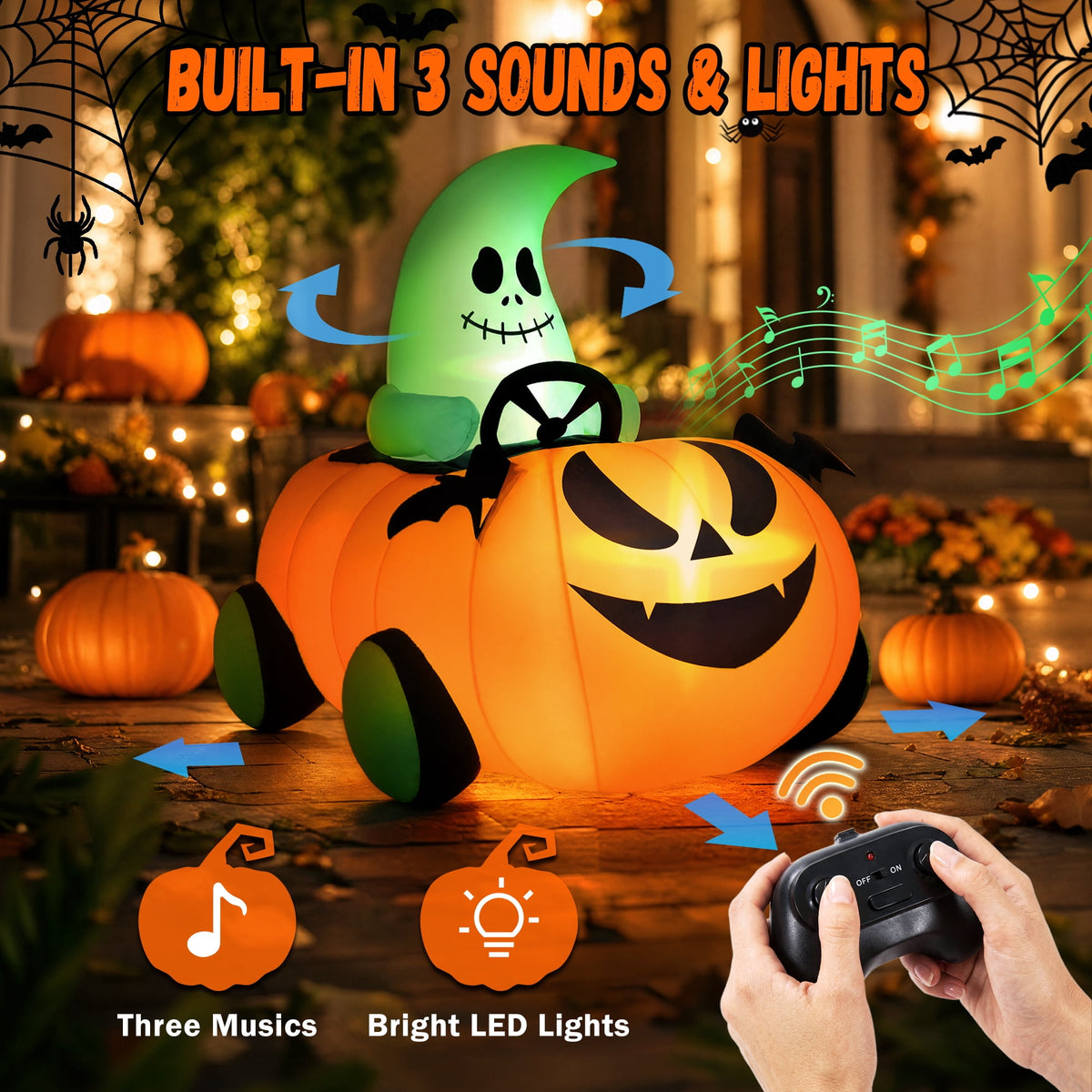 Firstness 2.4GHz Remote Control Halloween Inflatable Car Blow ups Pumpkin Ghost Rc Car,3 Music and LED Lights,360° Rotation,Aged 3+