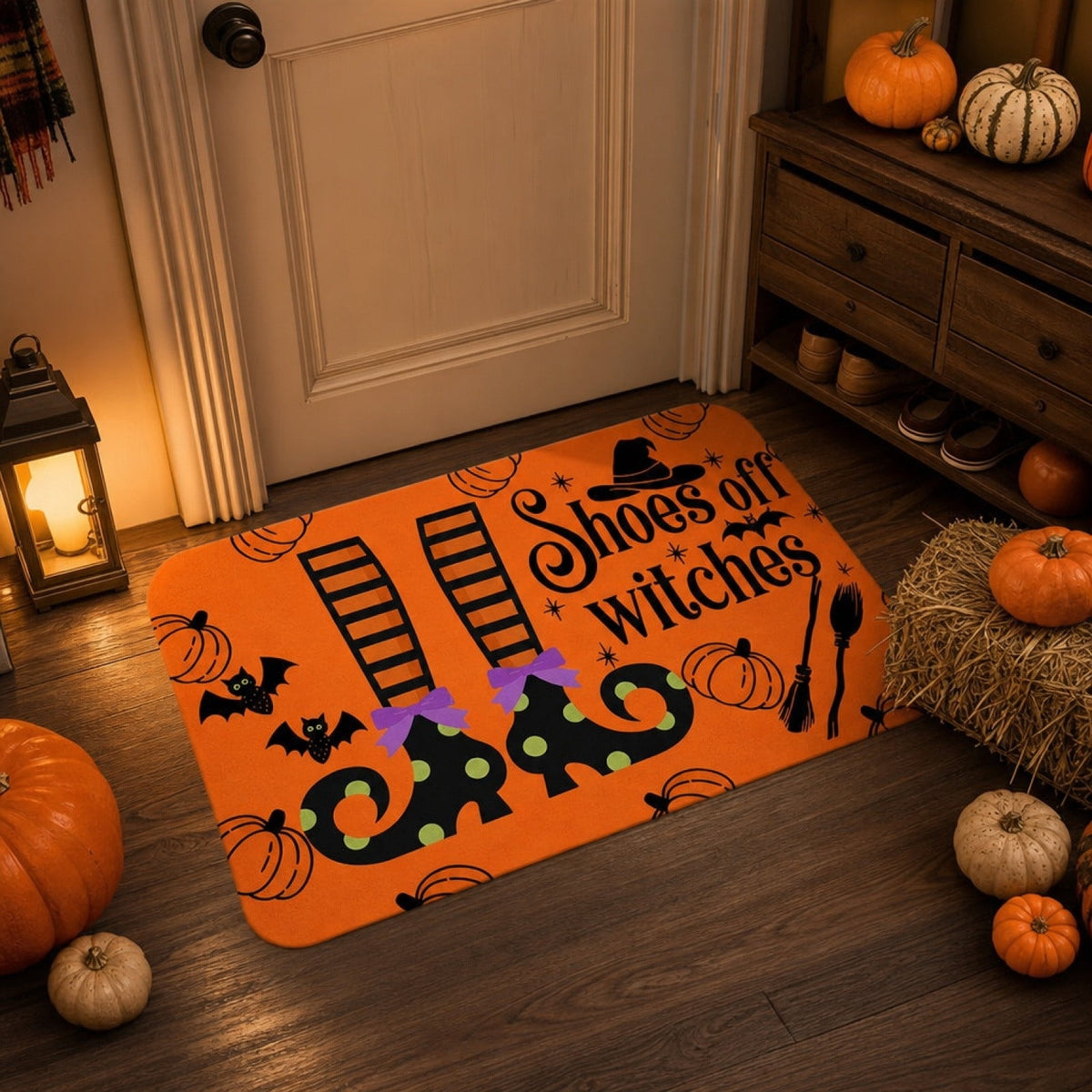 Halloween Heart Print Doormat 60x40cm, Black Orange Spooky Entry Mat for Front Door, Non-Slip Indoor Outdoor Rug