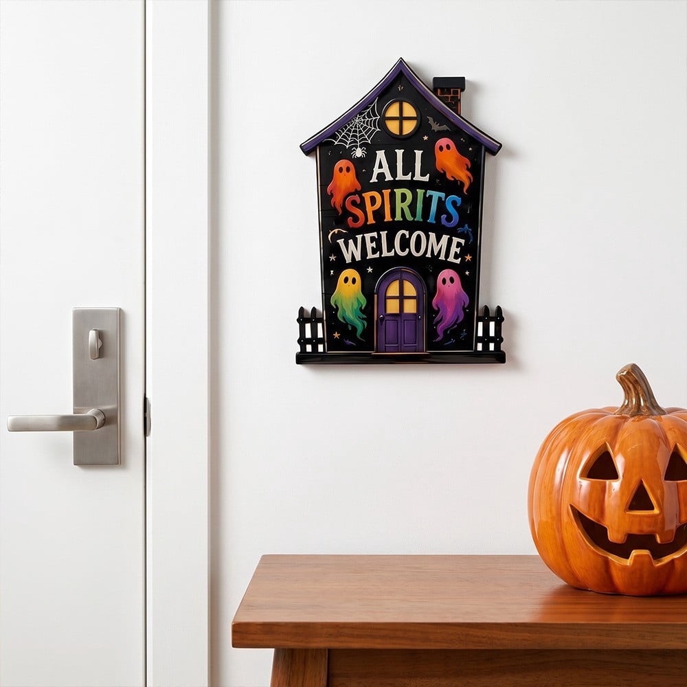 Halloween Ghost-Shaped Wall Sign, Festive Party Decoration, Playful Seasonal Accent, Lighthearted Tone and Exciting Atmosphere, for spooky Family Parties and festive Home Walls.