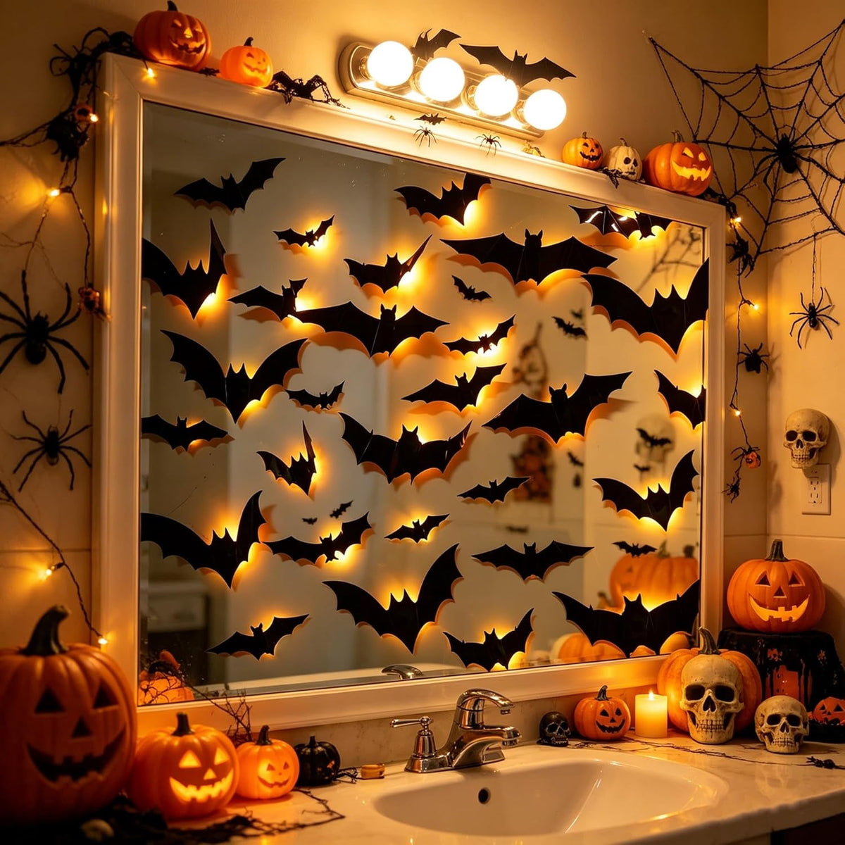 CQHVKQ 36 PCS Halloween Bats Decorations, Realistic 3D LED Bats Wall Stickers Decor, Assorted Size Removable Lighted PVC Bats DIY Wall Sticker for Halloween Party, Bedroom, Home, Indoor and Outdoor
