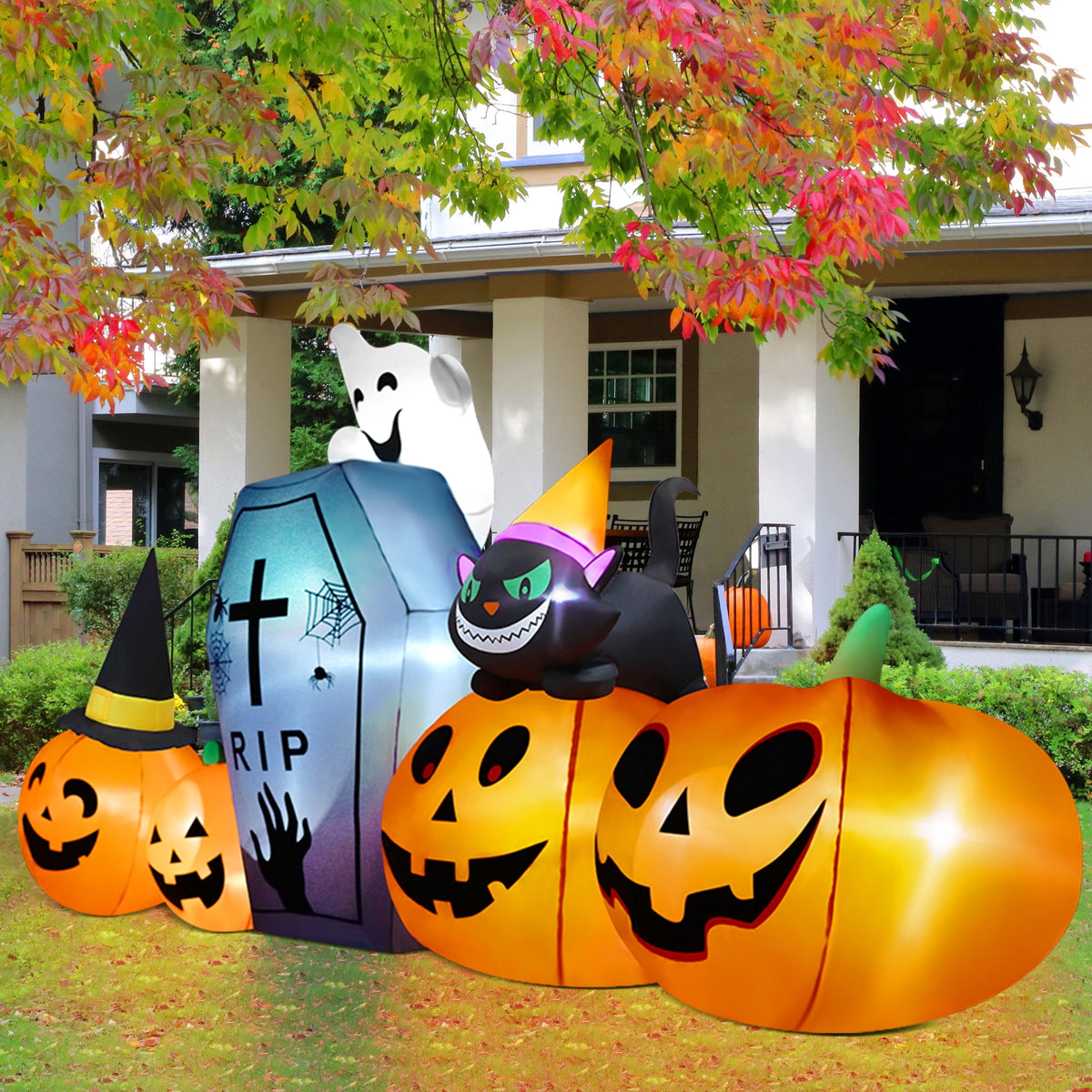 Yexmas 10ft Halloween Inflatable Pumpkins Outdoor Decor with Black Cat Tombstone and Spectre,Built-in LED Lights,for Halloween Party,Yard,Garden,Lawn
