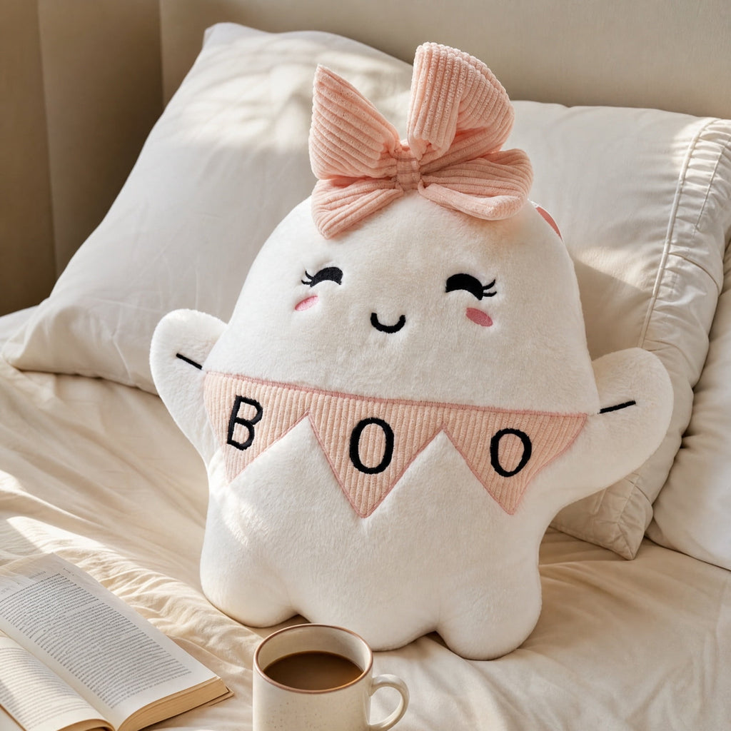 Cute Reading Ghost Plush Throw Pillow, Halloween Book & Pumpkin Bucket Ghost Stuffed Cushion, Spooky Season Decorative Pillow, for Sofa, Bedroom, Party Decor