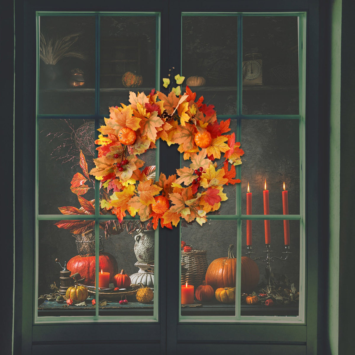 Wadada 20 Inch Fall Wreath Front Door Thanksgiving Wreath Autumn Harvest Wreath Artificial Farmhouse Wreaths Indoor Outdoor Halloween Decoration with Pumpkins Berry Maple Leaf Cone for Home Decor