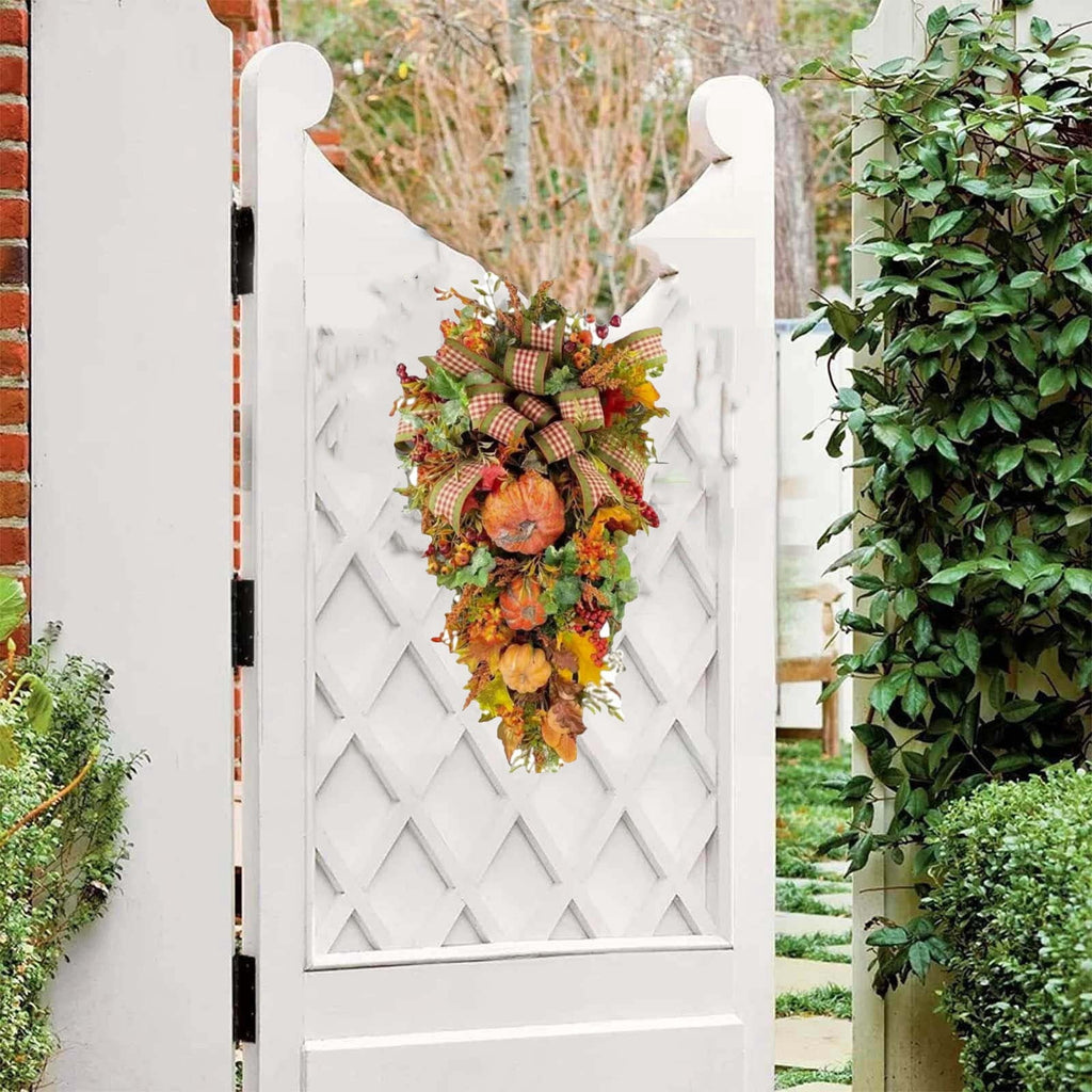 Fall Swags for Front Door with Artificial Pumpkin Maple Leaf and Berry, Harvest Teardrop Swag Wreath for Thanksgiving Halloween Decor, Farmhouse Floral Swag for Indoor Outdoor Wall Door Decorations