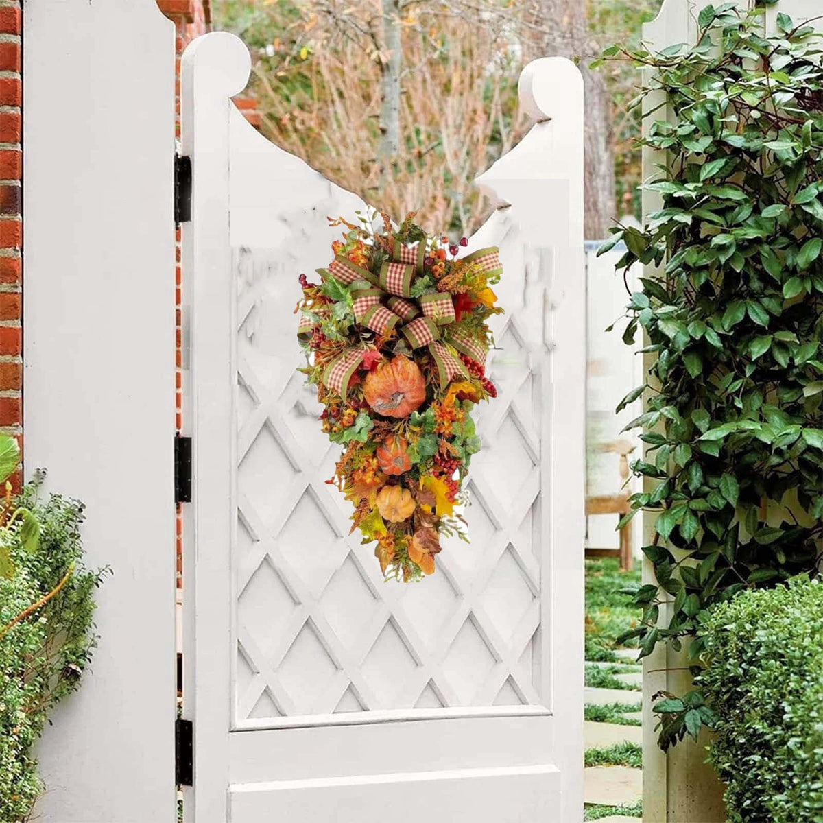 Fall Swags for Front Door with Artificial Pumpkin Maple Leaf and Berry, Harvest Teardrop Swag Wreath for Thanksgiving Halloween Decor, Farmhouse Floral Swag for Indoor Outdoor Wall Door Decorations