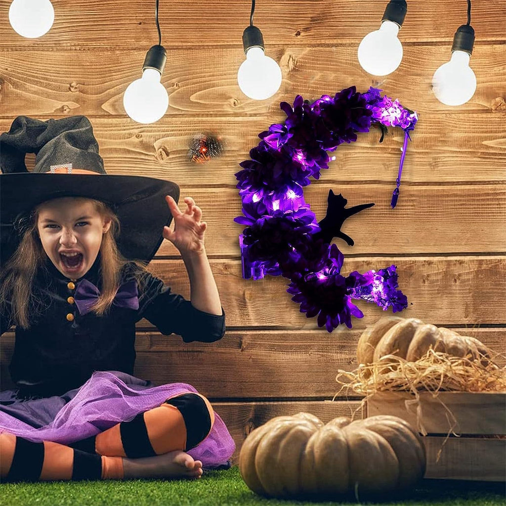 Wiher Halloween Wreaths Decor with Lights for Front Door, 13.77" Halloween Moon Wreath with Black Cat Wood Wreath Halloween Wreath Horror Decorations for Home Party Window Wall Indoor Outdoor B