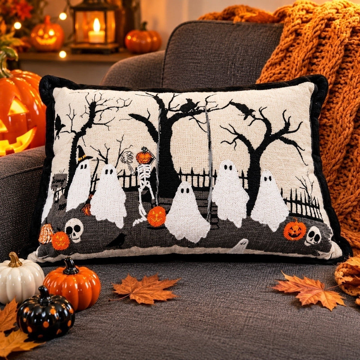 Cute Reading Ghost Plush Throw Pillow, Halloween Book & Pumpkin Bucket Ghost Stuffed Cushion, Spooky Season Decorative Pillow, for Sofa, Bedroom, Party Decor
