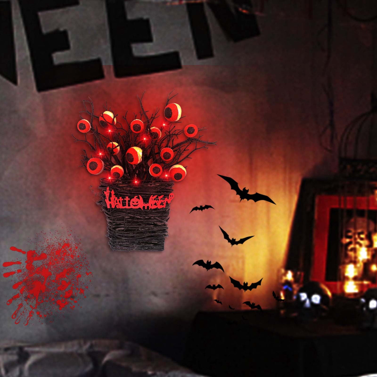 Halloween Wreaths for Front Door,Halloween Eyeball Wreaths LED Light Up Halloween Flower Basket Wreath Scary Vintage Halloween Wreaths for Home Door Wall Window Party Decorations
