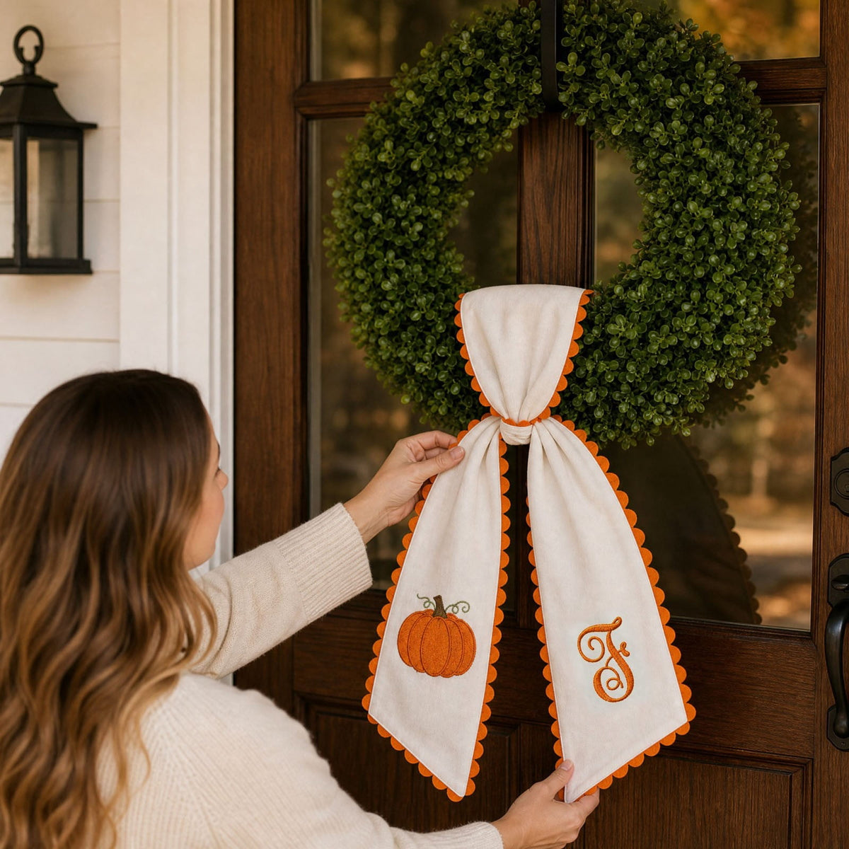 erdimoy Fall Pumpkin Monogram Wreath Sash, 50 Inch Embroidered Wreath Ribbon with Pom Pom Trim, Autumn Harvest Front Door Wreath Decor for Thanksgiving Halloween
