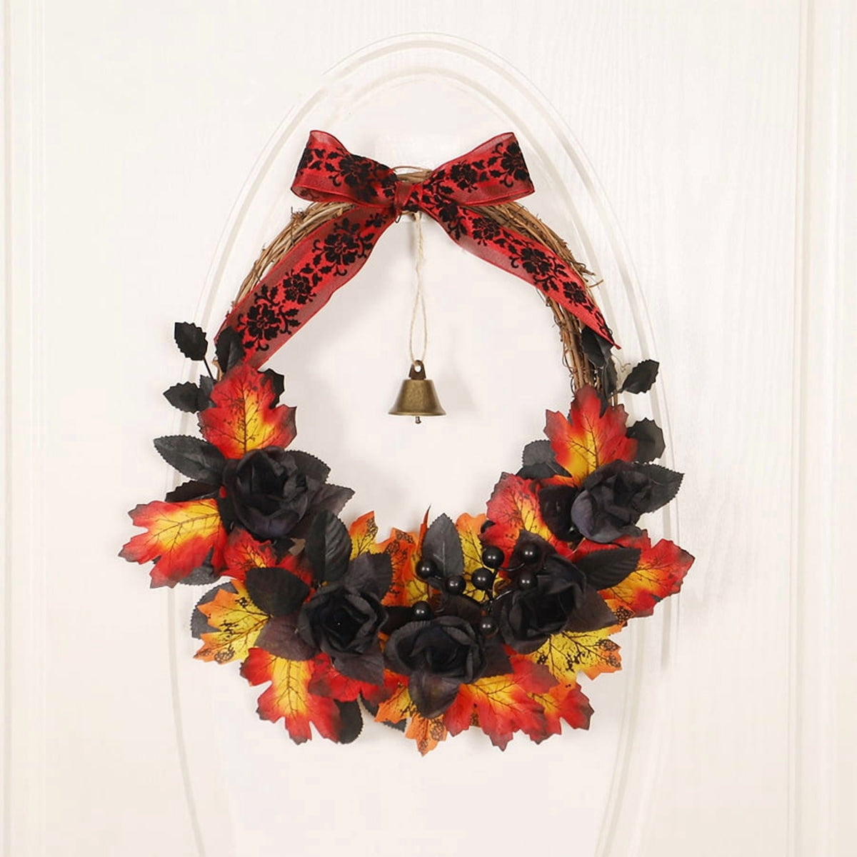 Halloween Wreaths for Front Door,16 inch Black Rose Halloween Wreaths with Lights Berry Maple Leaf Small Bell,Scary Halloween Home Decoration for Indoor,Outdoor,Wall Window,Porch,Garden,Home,Party