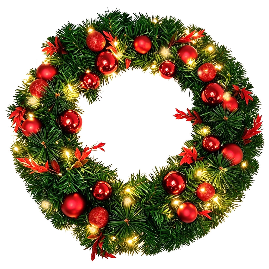AGCAN 20 Inch Artificial Christmas Wreath, Pre-Lit Christmas Wreath with 50 LED Lights & Red Balls, Christmas Decoration for Front Door, Xmas, Outdoor