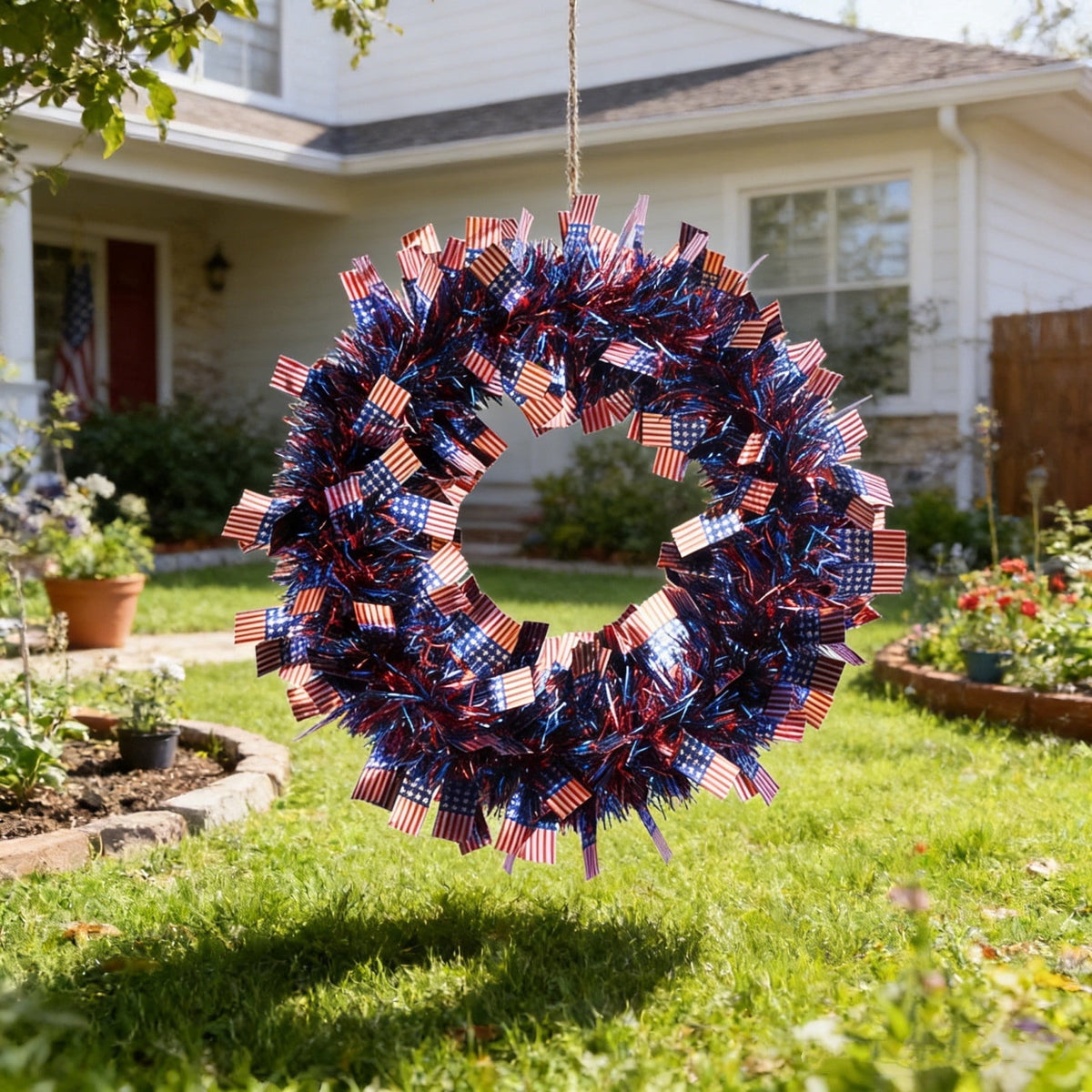 AZXY 20 Inch 4th of July Patriotic Wreath, Red White Blue Mesh Wreath with American Flag Star & Stripe Ribbons, Patriotic Americana Decor for Independence Day Memorial Day Front Door Indoor Outdoor