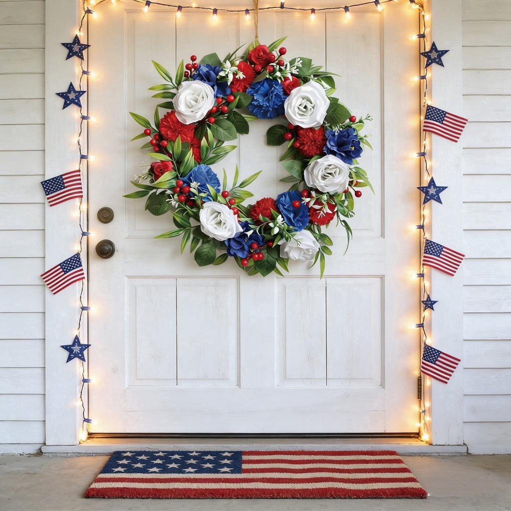AZXY 20 Inch 4th of July Patriotic Wreath, Red White Blue Mesh Wreath with American Flag Star & Stripe Ribbons, Patriotic Americana Decor for Independence Day Memorial Day Front Door Indoor Outdoor