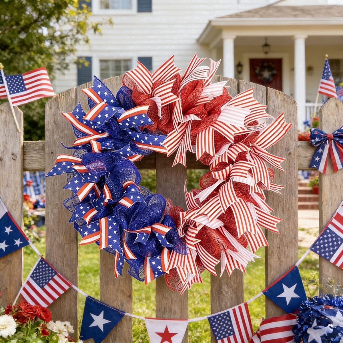 AZXY 20 Inch 4th of July Patriotic Wreath, Red White Blue Mesh Wreath with American Flag Star & Stripe Ribbons, Patriotic Americana Decor for Independence Day Memorial Day Front Door Indoor Outdoor