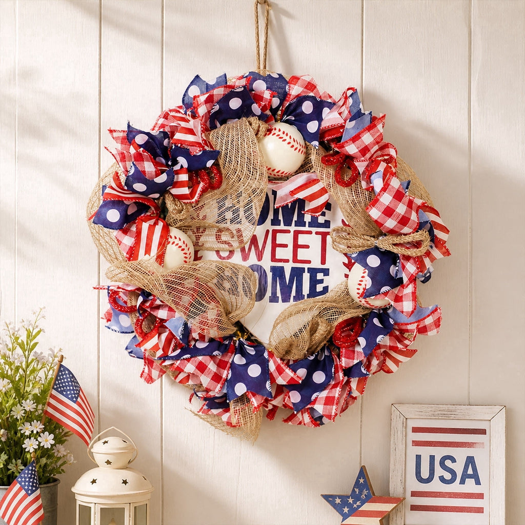 AZXY 20 Inch 4th of July Patriotic Wreath, Red White Blue Mesh Wreath with American Flag Star & Stripe Ribbons, Patriotic Americana Decor for Independence Day Memorial Day Front Door Indoor Outdoor