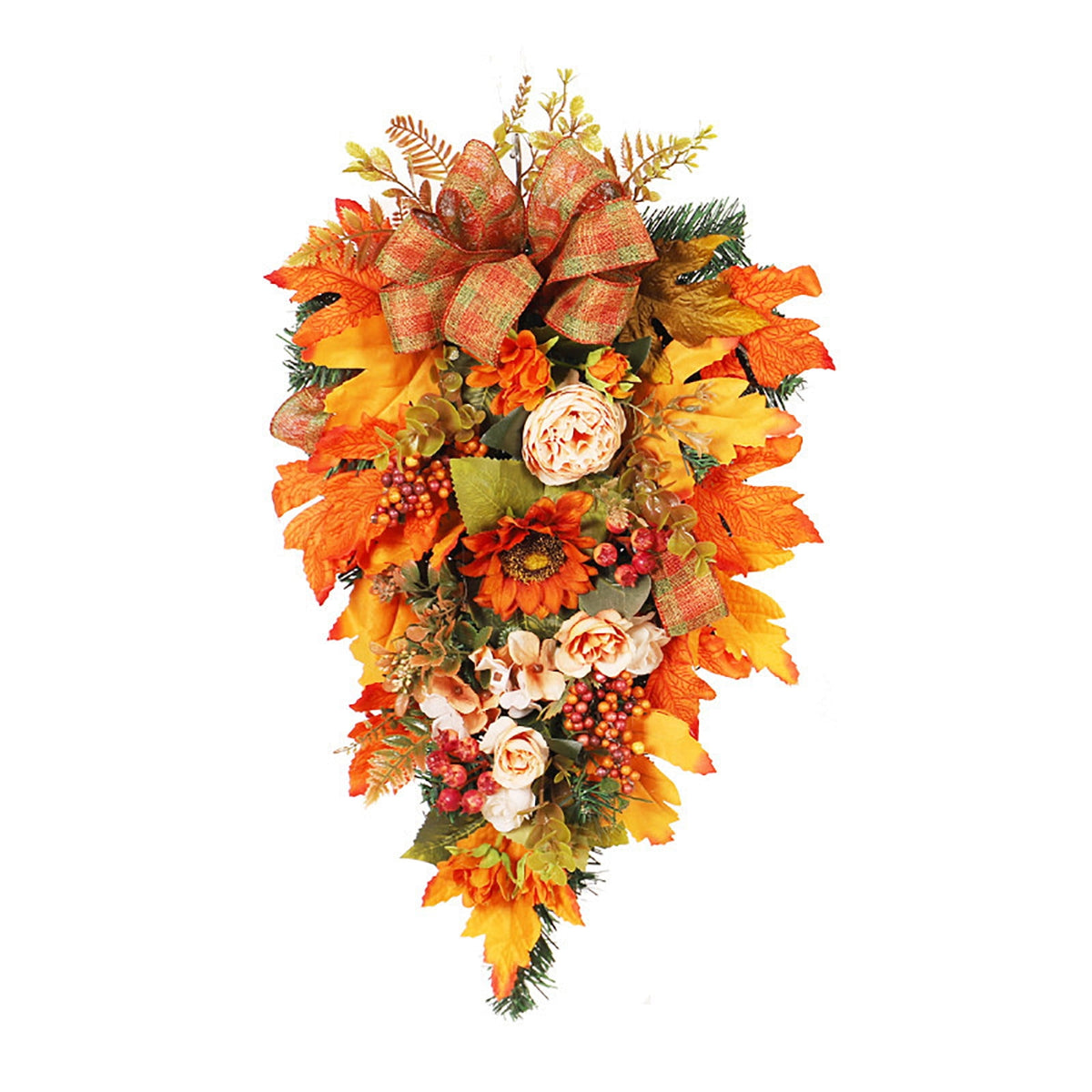 Artificial Fall Harvest Teardrop Swag for Front Door Thanksgiving Teardrop Wreath with Maple Leaves Berry Autumn Floral Swag for Home Wall(No Light,19.7Inch )