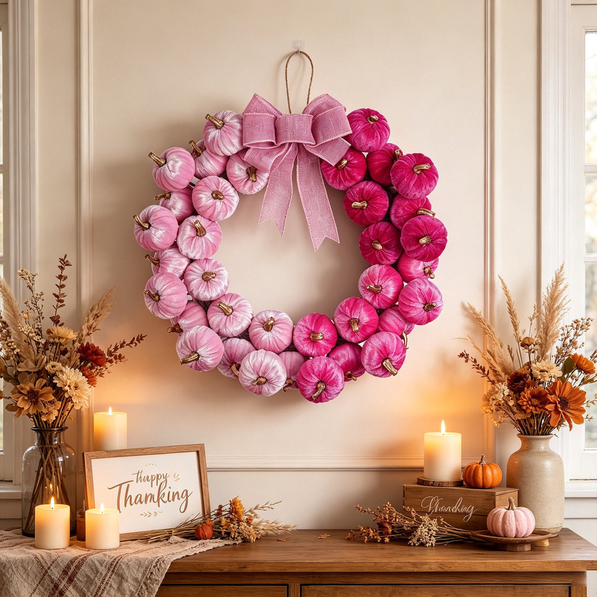Artificial Fall Pink Velvet Pumpkin Wreath Harvest Bow Front Door Hanging Thanksgiving Halloween Home Wall Decor