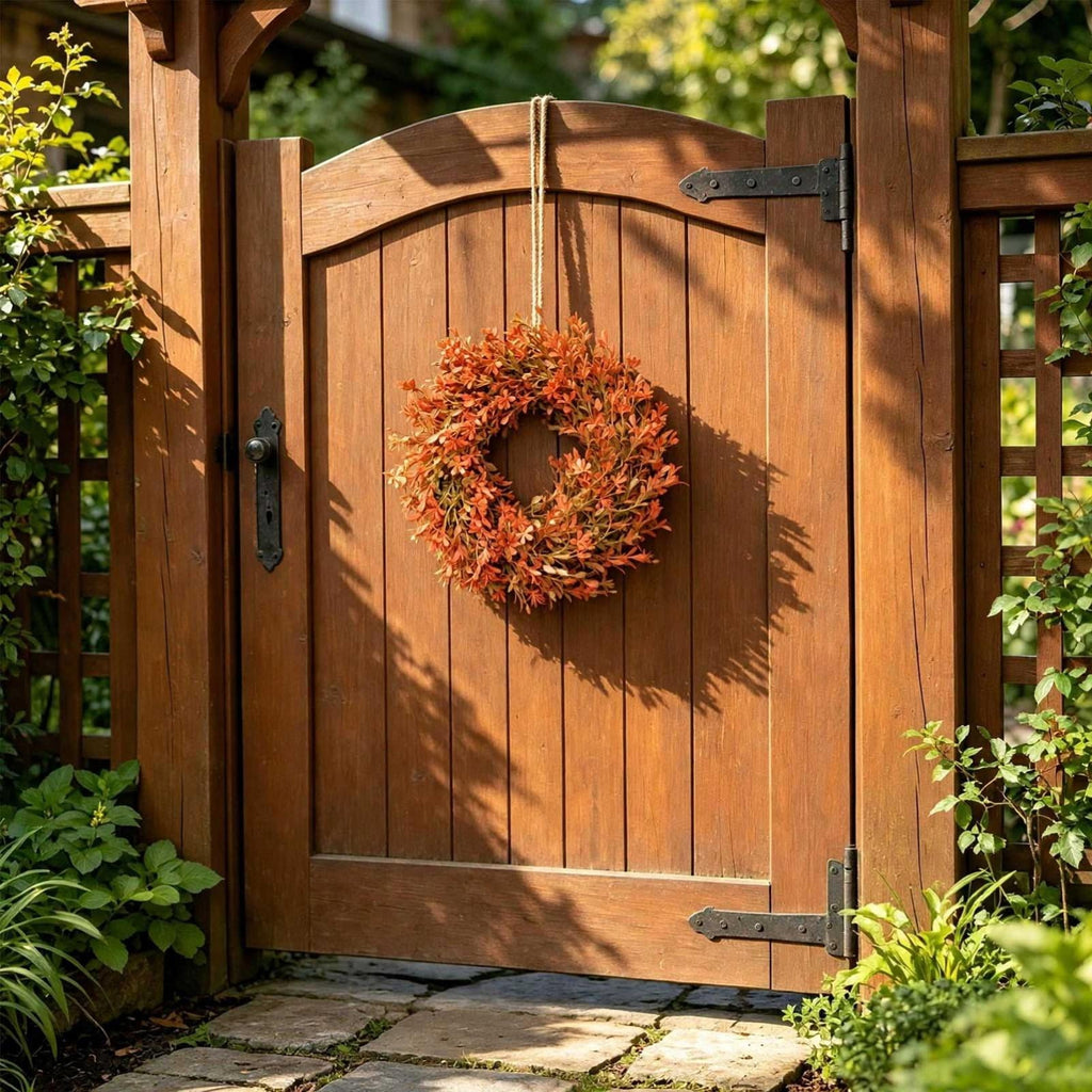 OKKVV Artificial Orange Fall Leaf Front Door Wreath, Rustic Autumn Foliage Twig Wreath, Harvest Thanksgiving Halloween Farm Window Wall Hanging Decor