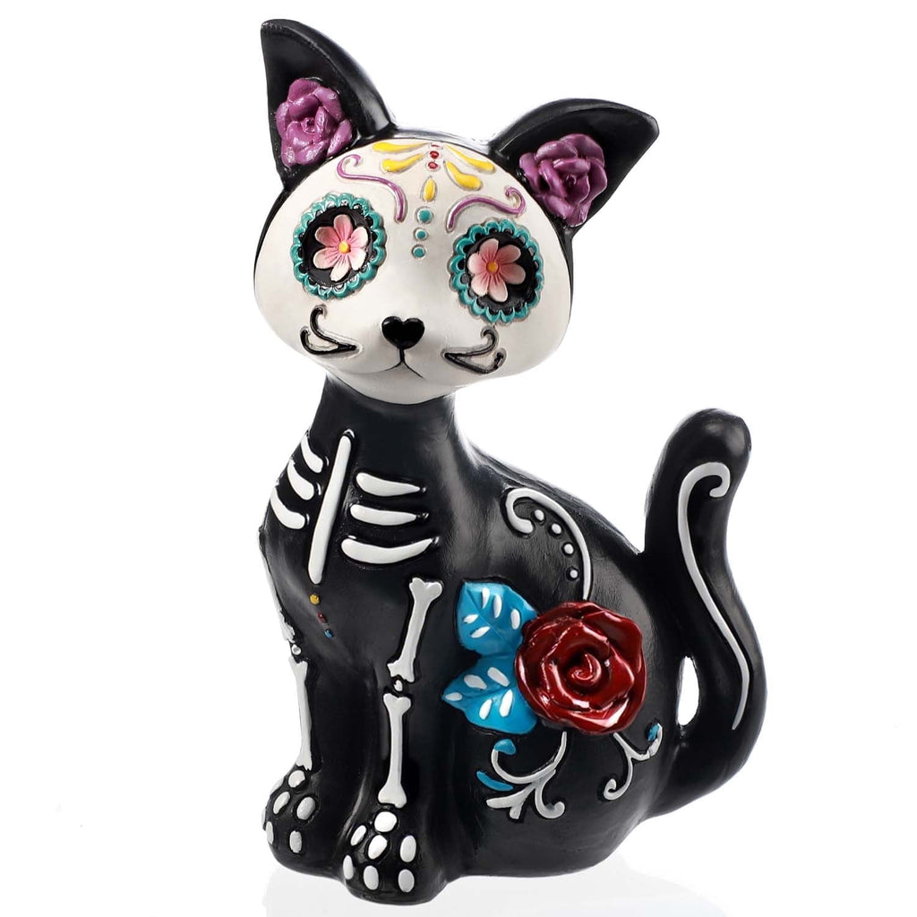 Ayieyill 2pcs Halloween Cat and Skeleton Figurines Vintage Halloween Black Cat Decor Halloween Table Decorations