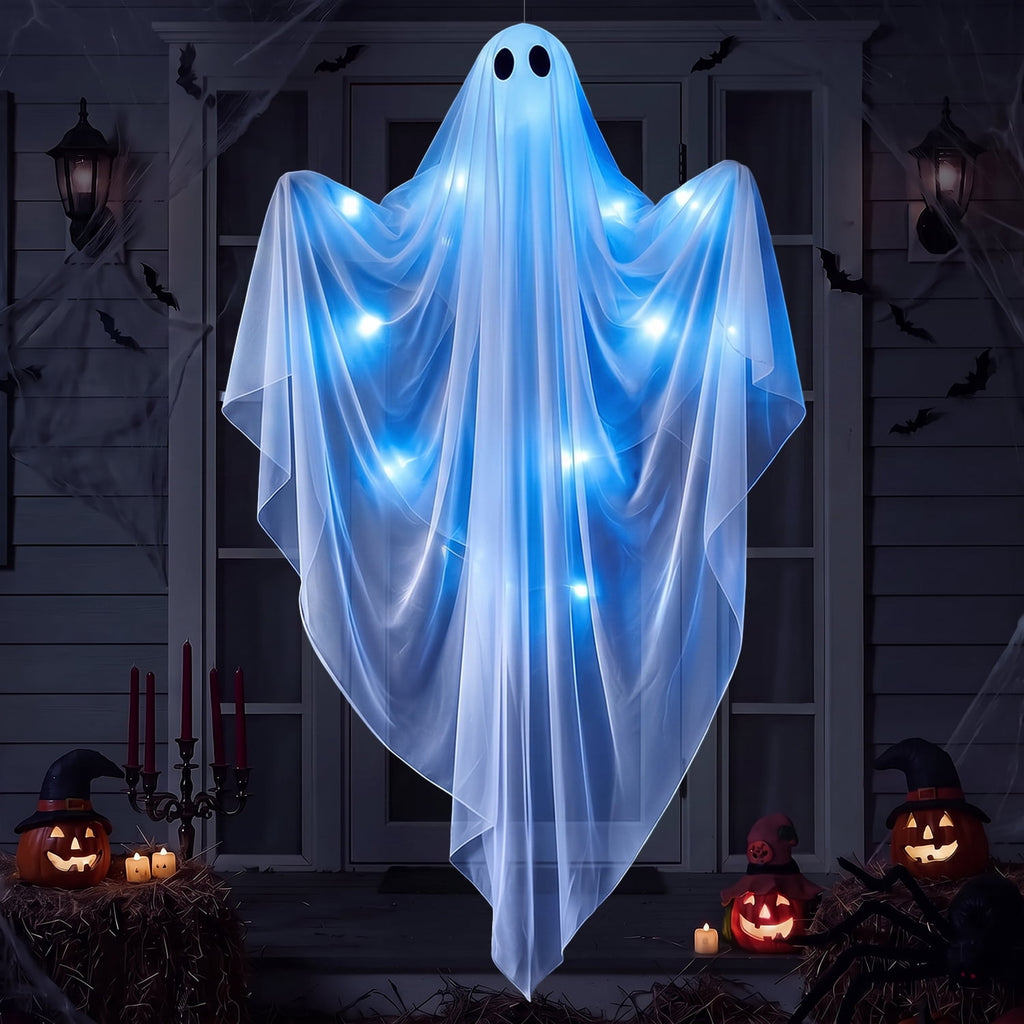 Ayieyill Halloween Ghost Decor with Blue LED Light, 47” Light up Hanging Ghost Halloween Yard Porch Decorations Outdoor