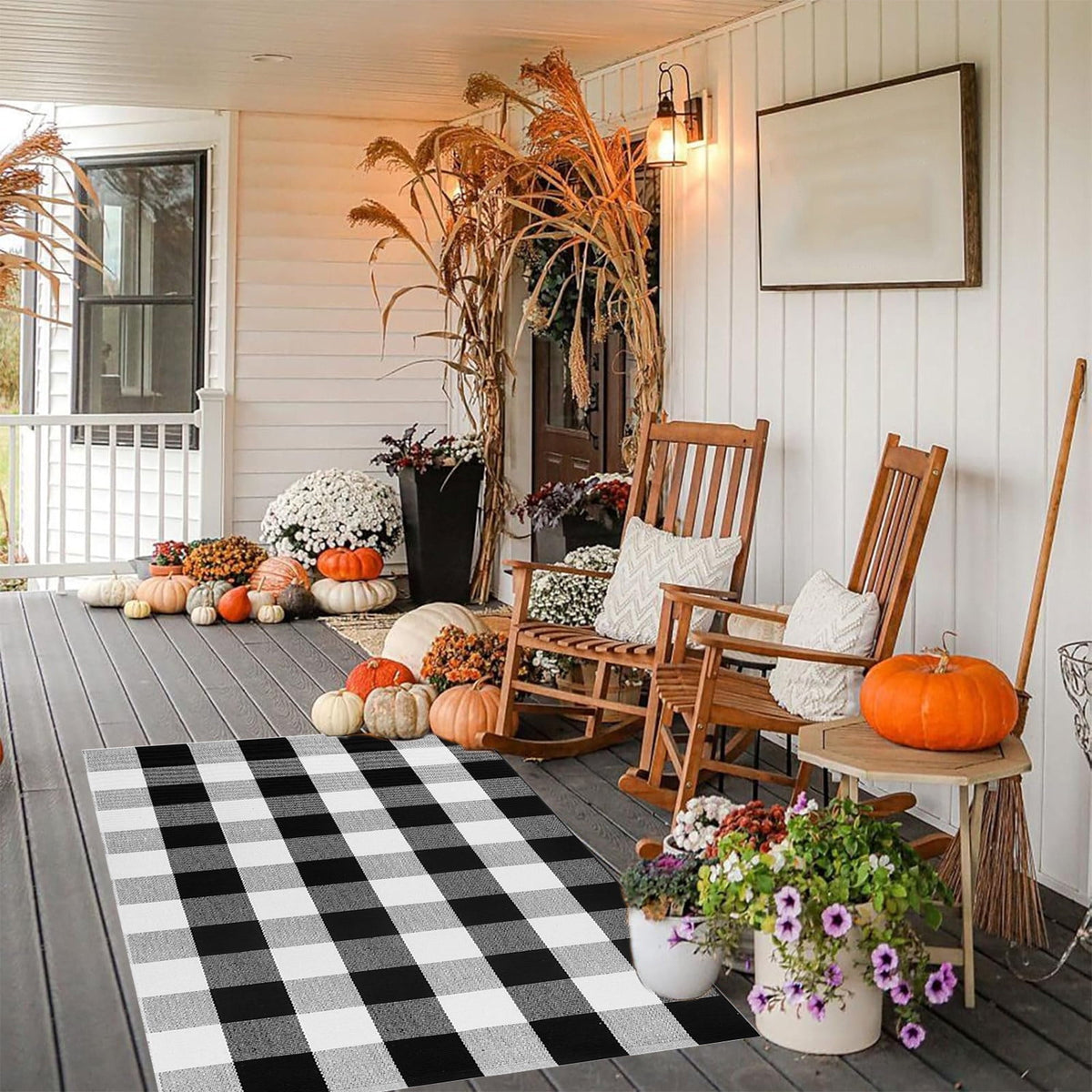 Fall Plaid Mat, 16*24" Autumn Front Door Decor Mat, Cotton Washable Hand-Woven Door Mat for Layered Doormat, Autumn Halloween Thanksgiving Carpet for Porch, Entryway
