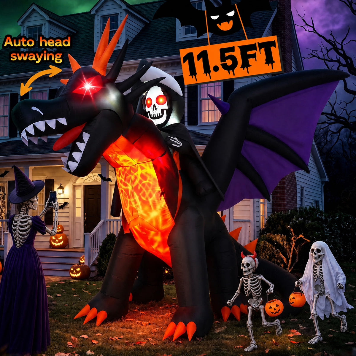 BSHAPPLUS® 9ft Halloween Inflatable Decorations,Blow up Yard Decor with Auto-Scaling Ghost in Pumpkin, Witch, Tombstone,Black Cat,Built-in LED,IP44 Waterproof for Outdoor Lawn Garden Party