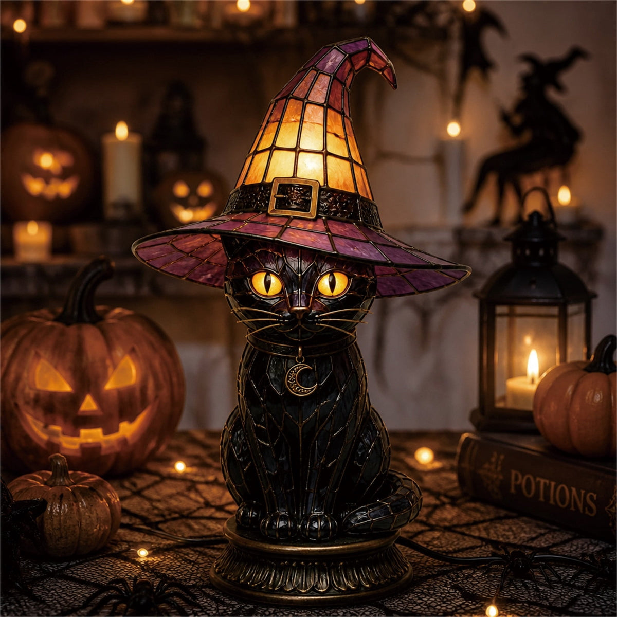 BZPIZ Witch Hat Lamp Handcrafted Retro Resin Stained Witch Hat Desk Lamp Halloween Home Decor Gothic Wizard Hats Night Light for Bedroom & Bookshelf