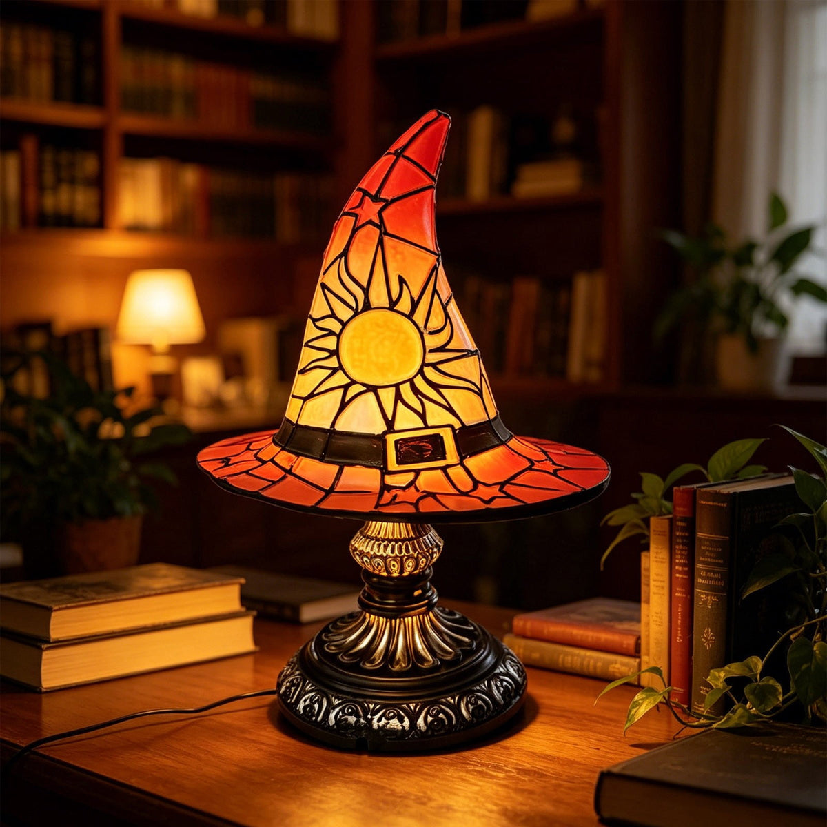 BZPIZ Witch Hat Lamp Handcrafted Retro Resin Stained Witch Hat Desk Lamp Halloween Home Decor Gothic Wizard Hats Night Light for Bedroom & Bookshelf