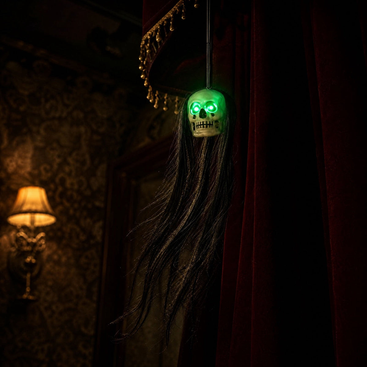 Bklubk Hanging Long Hair Skull Ghost Prop With Flashing Red/Green LED Eyes.Spooky Skeleton Head Hanging Ornament For Escape Room. House Halloween Yard Decor
