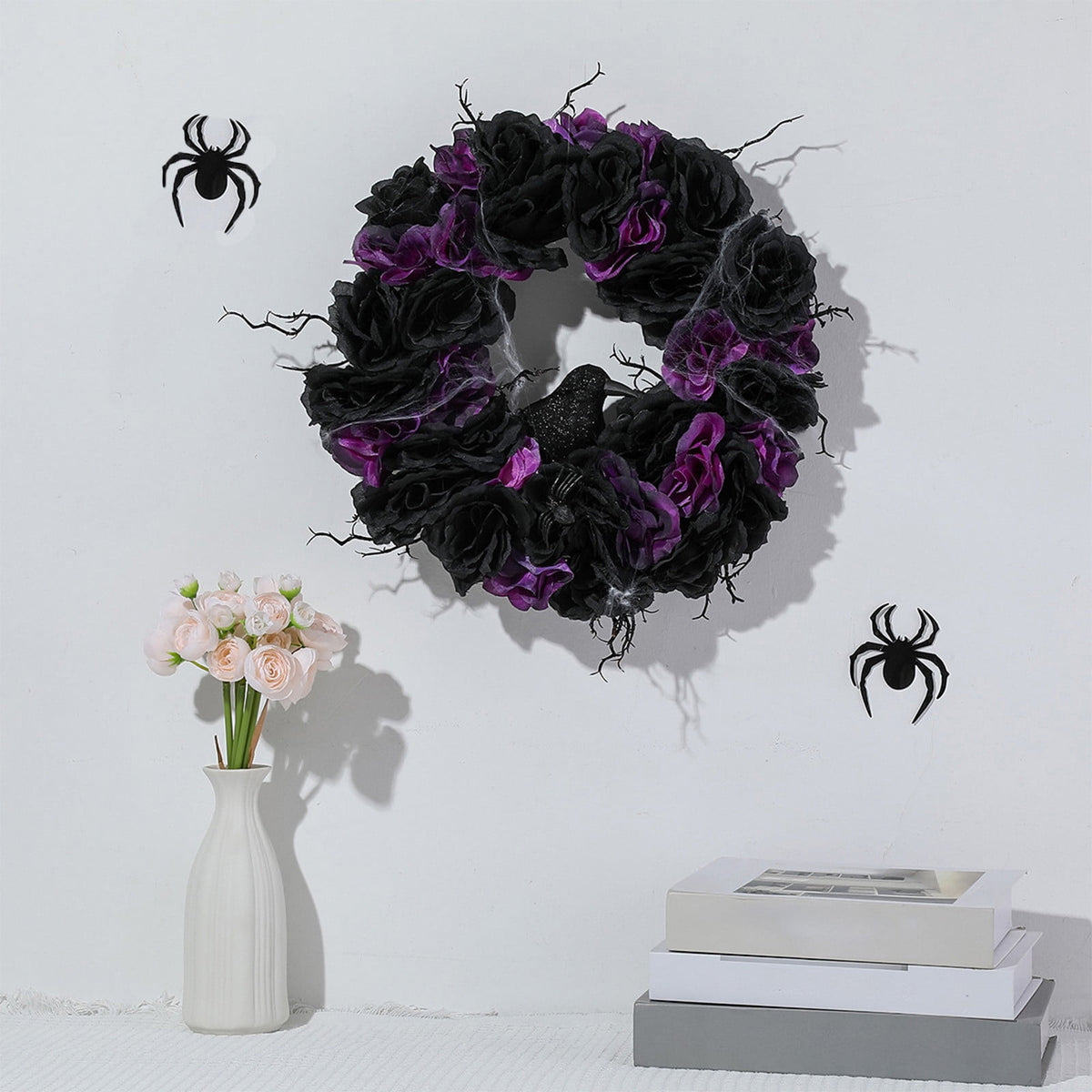Fankiway Halloween Wreaths for front door, Halloween Black Flower Wreath Wall Door Hanging Festival Party Decor, Halloween Outdoor Wreath, Halloween Decorations