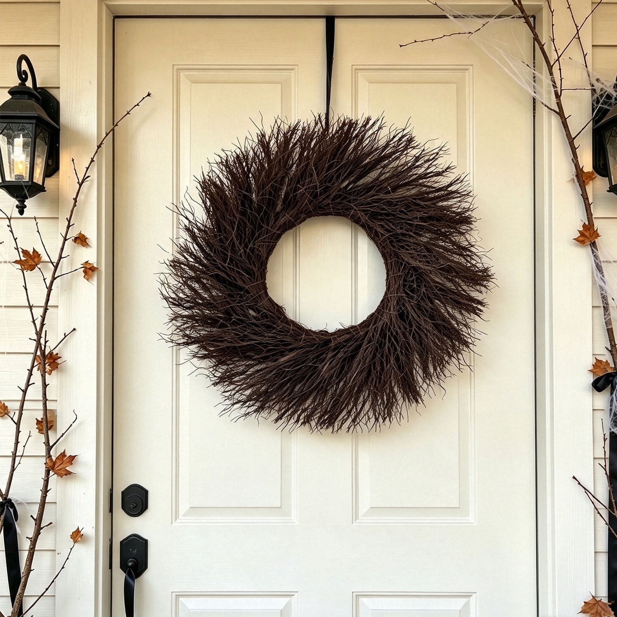 Black Twig Halloween Wreath, Artificial Black Branch Wreath for Front Door, Handcrafted Spooky Halloween Door Decor, Indoor Outdoor Halloween Wreath for Wall Mantel Porch Party Display