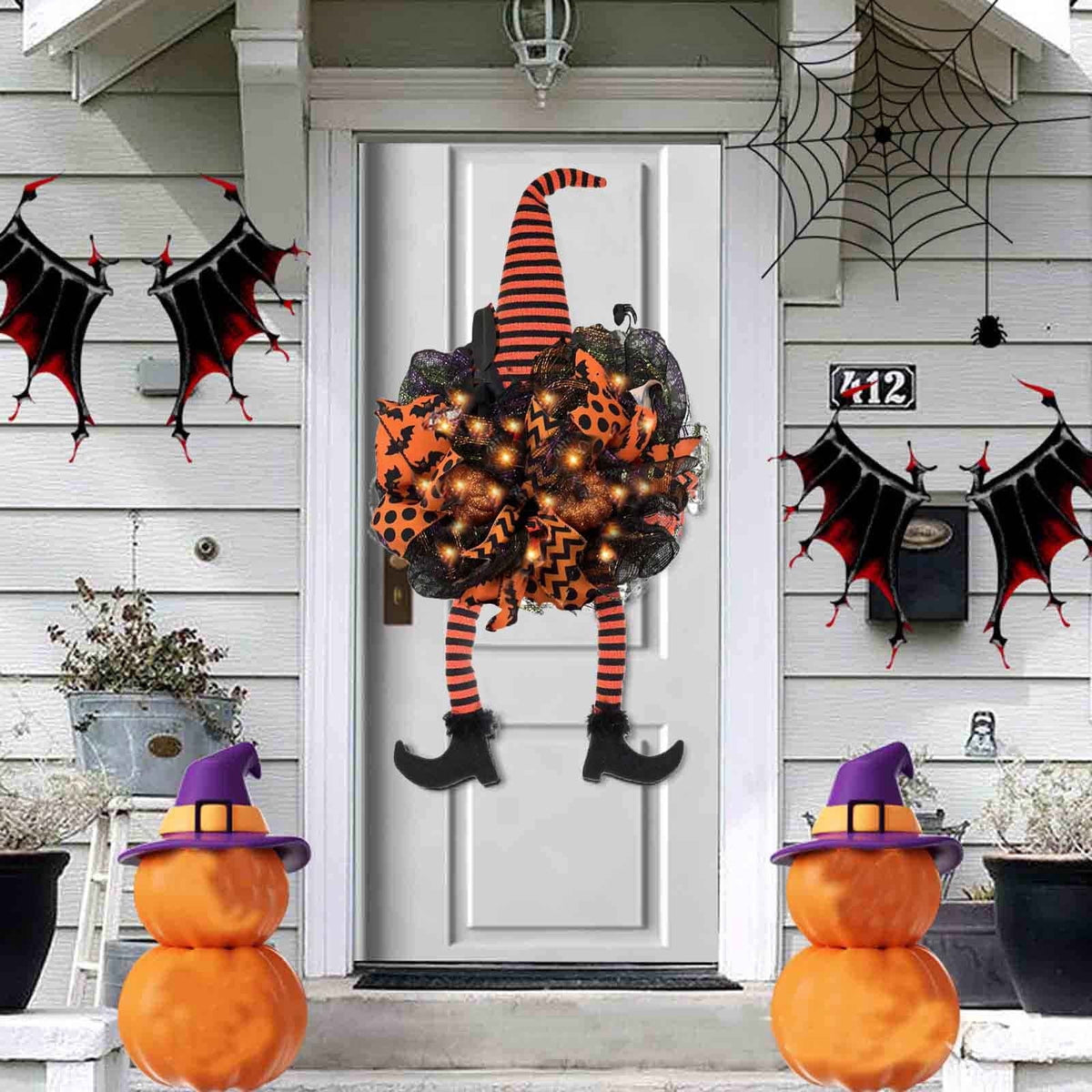 Bobomoti Halloween Wreath with Witch Legs Pumpkin Door Hanging Garland Front Door for Halloween Decorations Halloween Witch Garland on Clearance