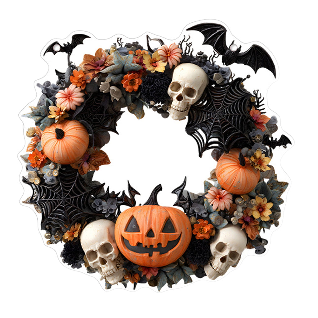 Btomtd Diameter 8" Pumpkin Skull Wreath Halloween Decor Acrylic Round Disk Hanging Ornament with Garland for Front Door Window, B