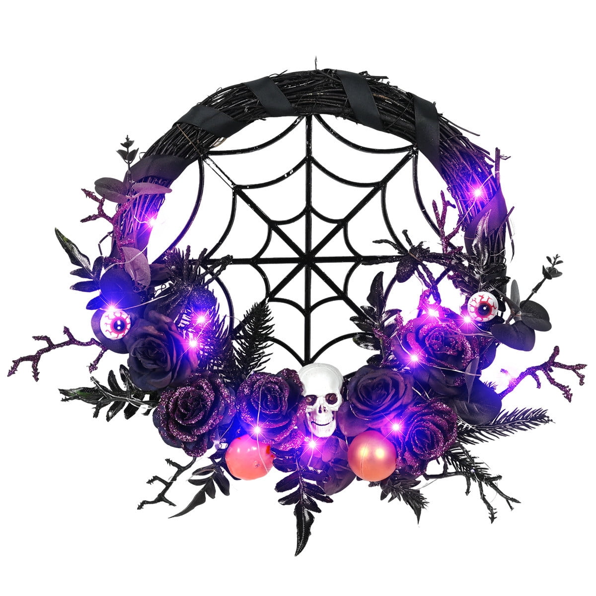 CASAFUN Halloween Wreath for Front Door 15 Inch Black Spider Web and Horror Skull Fake Flowers Ornamnets Scary Halloween Decor Spooky Home Party Fireplacce Window Wall Hanging Decor