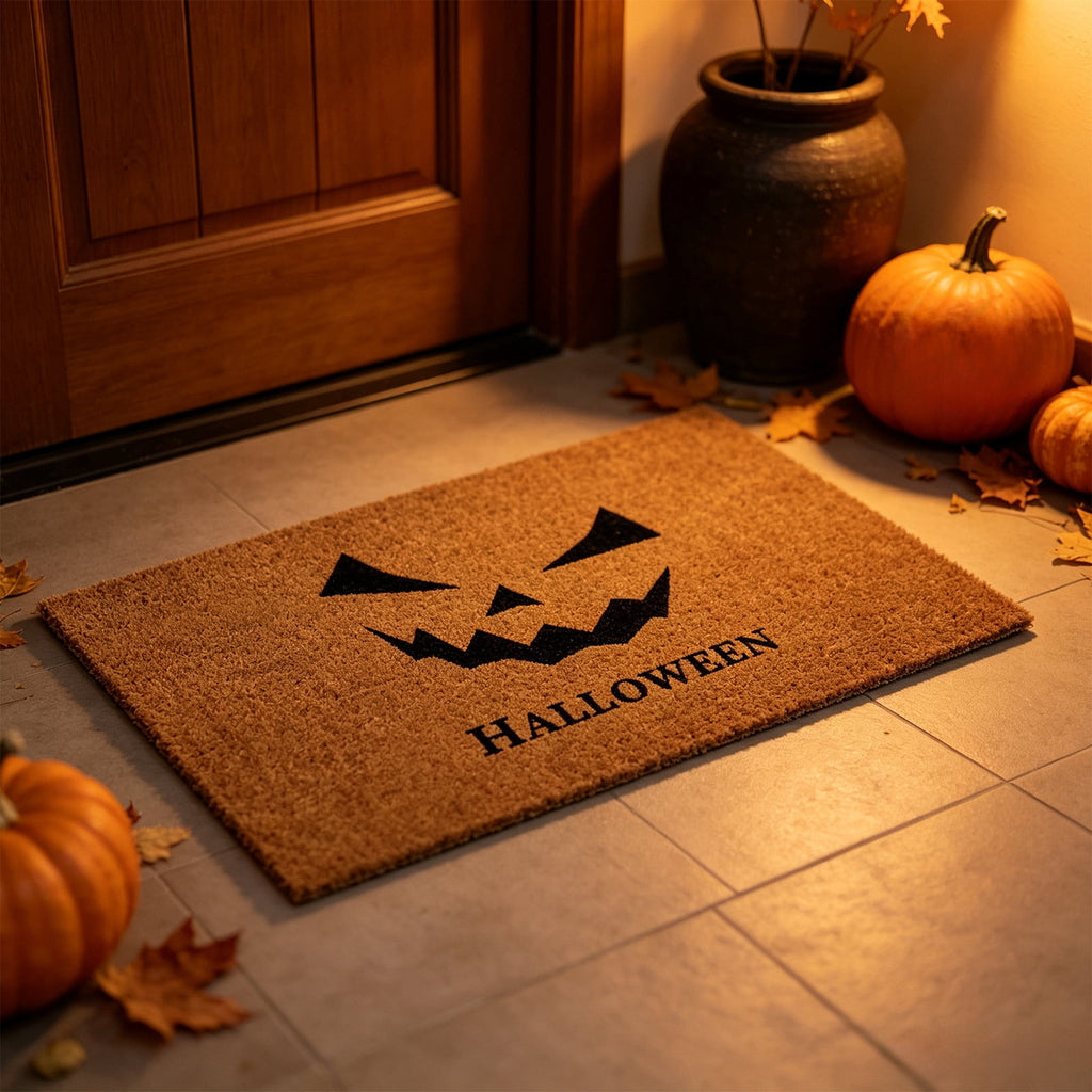 Cadancy Halloween Decoration Doormat Non Slip Coir Style Entrance Rug, Vintage Funny Pumpkin Skull Spider Pattern Front Door Mat, Outdoor Indoor Mud Scraper Porch Patio Home Decor