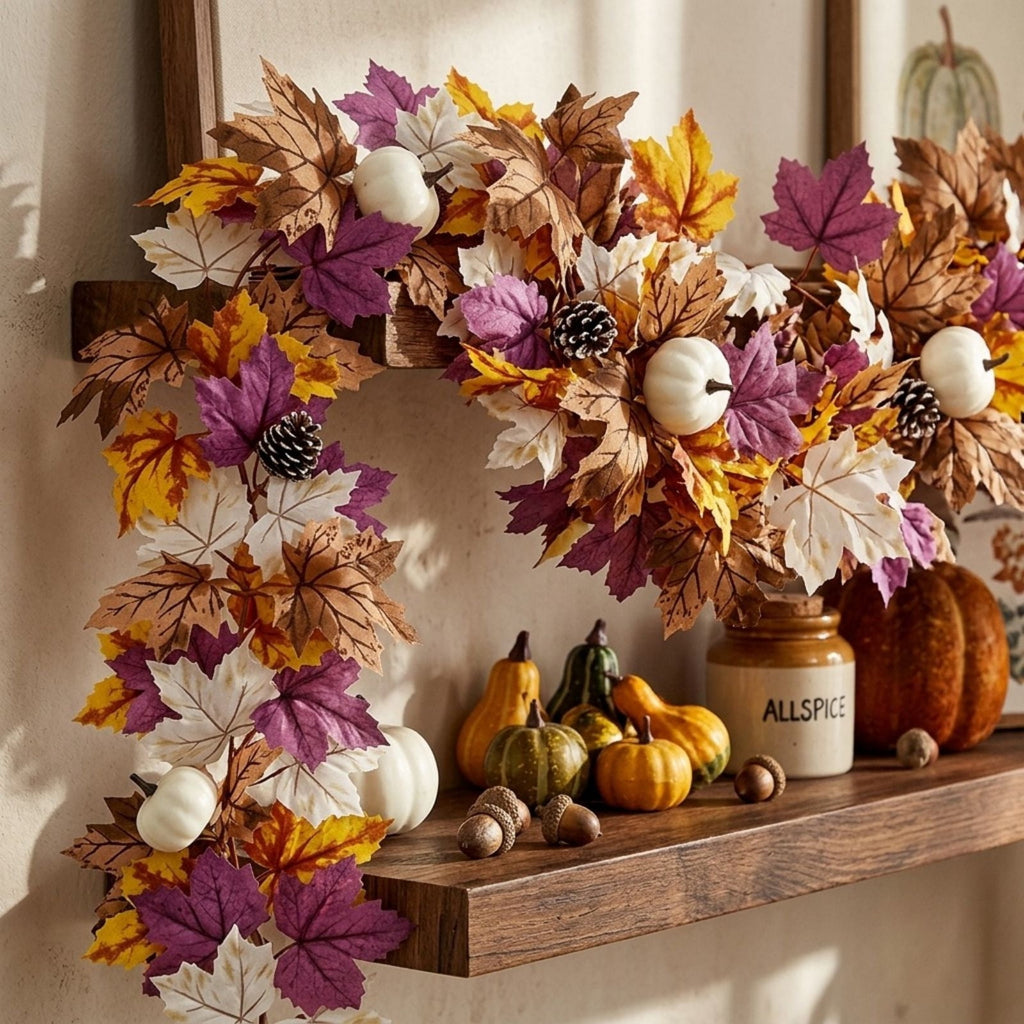 Chmadoxn 78.74" Halloween Thanksgiving Maple Leaf Garland with Mini Pumpkins & Berries, Artificial Fall Leaves Vine for Mantel Staircase Porch, Autumn Harvest Hanging Home Decor