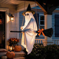 Clearance 5 FT Hanging Ghost Decor,Early Halloween Decorations Light-Up Flying Ghost on Broomstick with Witch Hat, Witch Broom, Spooky Cute Outdoor Halloween Decorations for Front Porch Yard Tree
