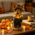 Clearance! Halloween Light‑Up Dog Figurine, 7.9in Scarecrow Dog Statue with Glowing Pumpkin, Waterproof Resin Table Yard Decor