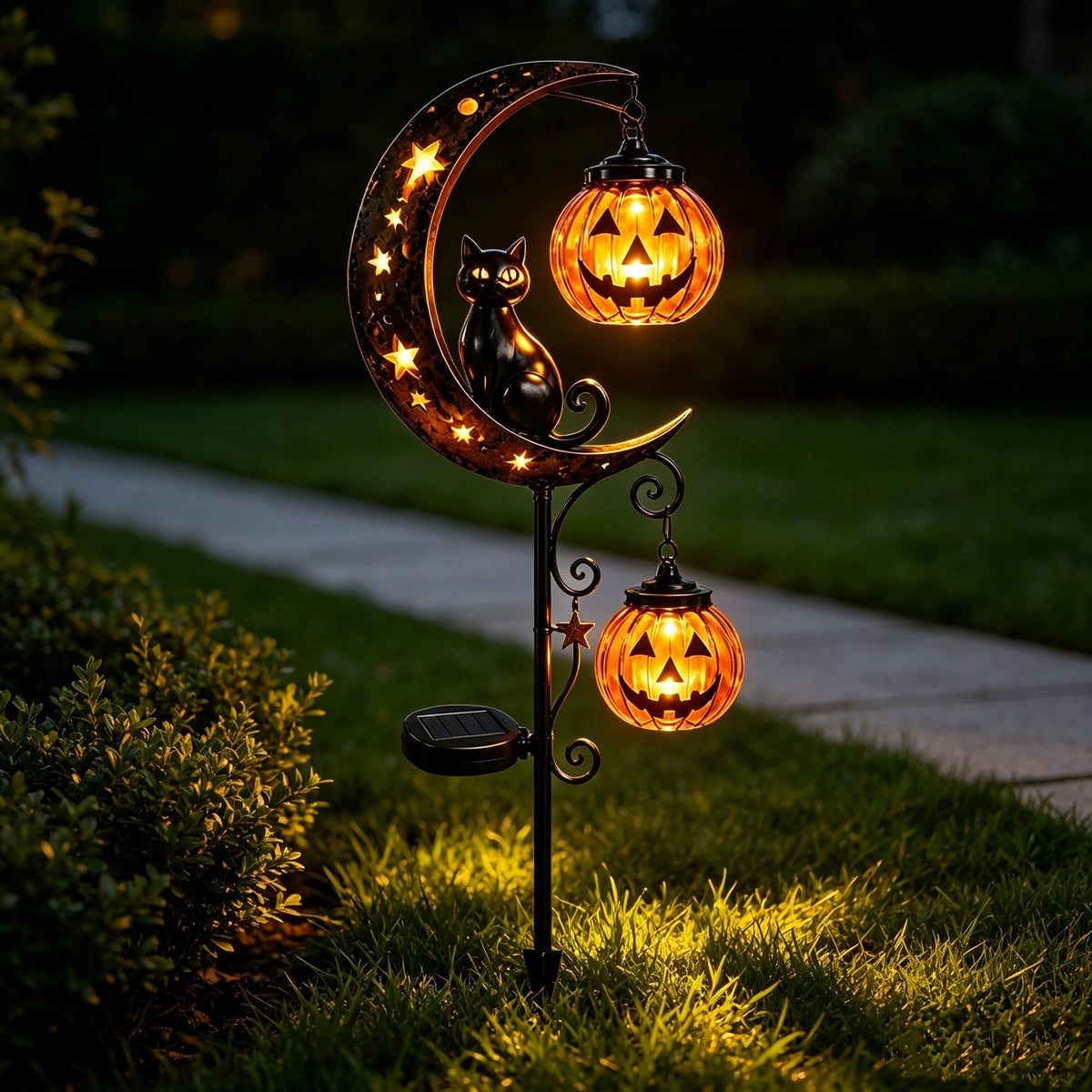 Clearance Halloween Solar Black Cat & Pumpkin Moon Garden Stake Light, Outdoor Waterproof LED Yard Decoration with Crescent Moon, Hanging Jack-o'-Lantern Lantern for Garden, Patio, Walkway, Porch