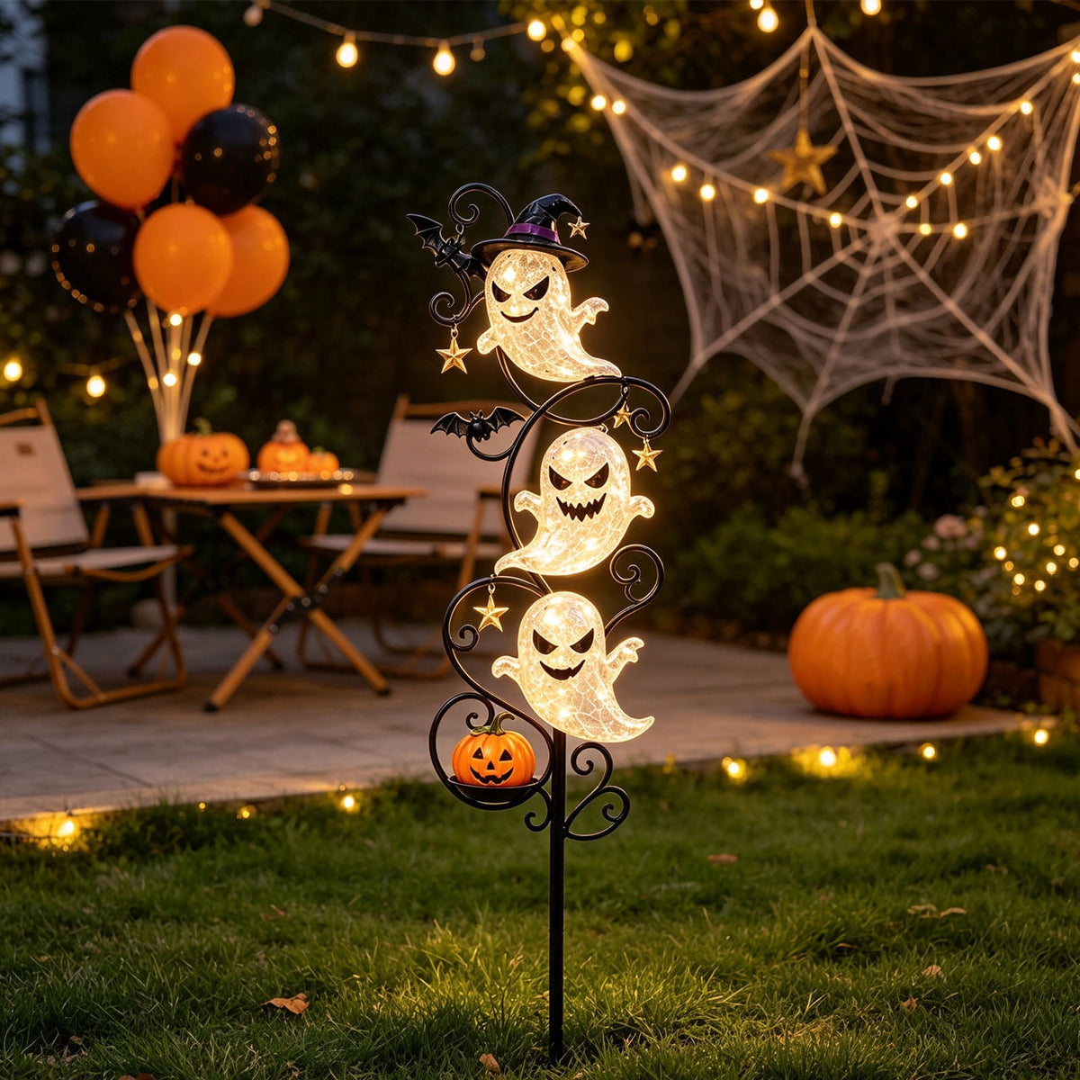 Clearance Halloween Solar Black Cat & Pumpkin Moon Garden Stake Light, Outdoor Waterproof LED Yard Decoration with Crescent Moon, Hanging Jack-o'-Lantern Lantern for Garden, Patio, Walkway, Porch