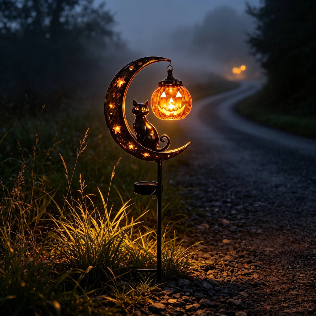 Clearance Halloween Solar Black Cat & Pumpkin Moon Garden Stake Light, Outdoor Waterproof LED Yard Decoration with Crescent Moon, Hanging Jack-o'-Lantern Lantern for Garden, Patio, Walkway, Porch